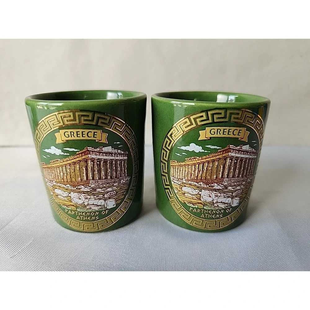 Lot 2 Vintage Greek Handmade Shot Glasses Parthenon of‎ Athens Green w/24K Gold